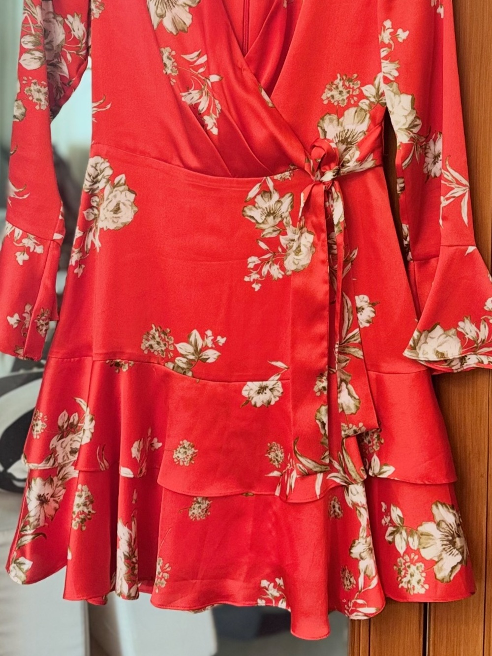 Bar III Red Floral Wrap Dress with Tie Waist - Picture 4 of 12